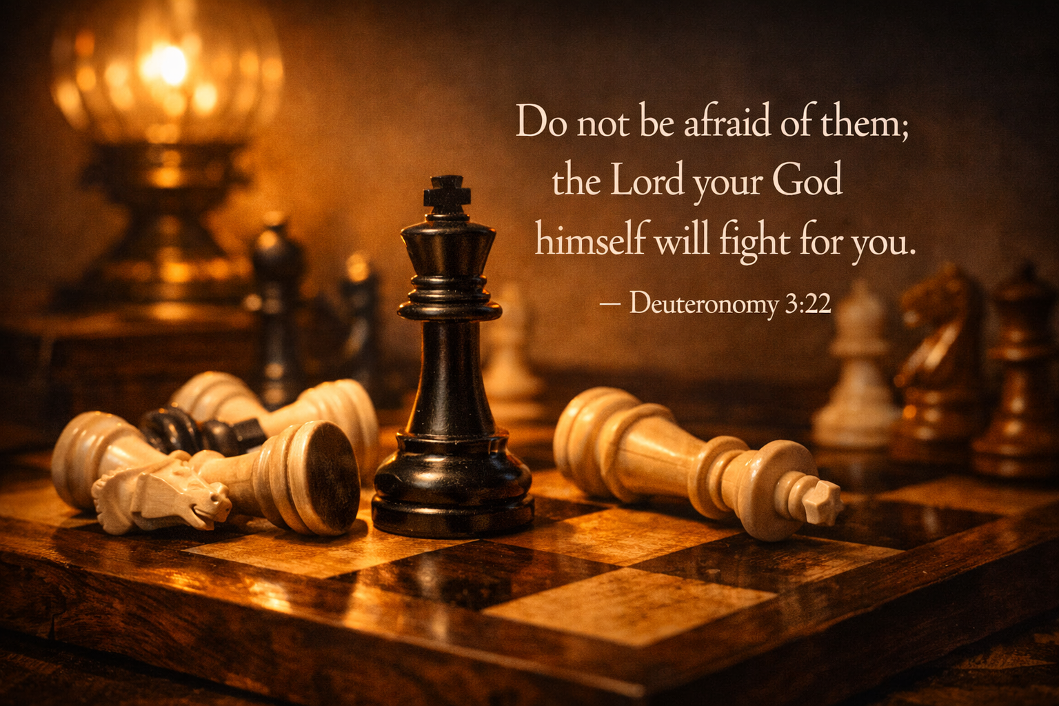 Deuteronomy 3:22 Bible verse wallpaper - Do not be afraid God will fight for you - golden chess king among defeated pieces
